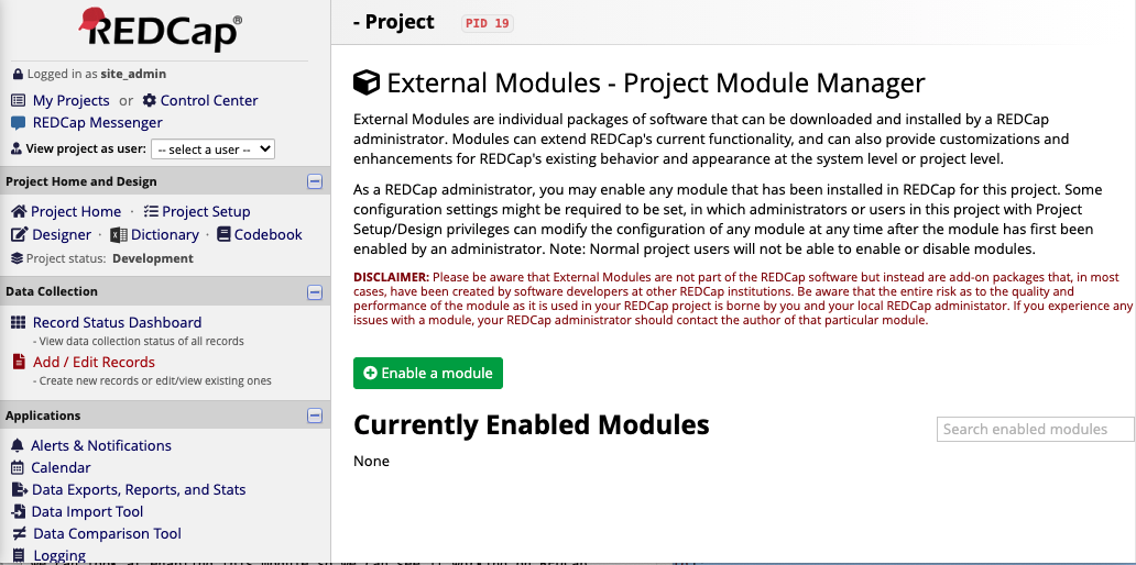 REDCap Project External Modules Page